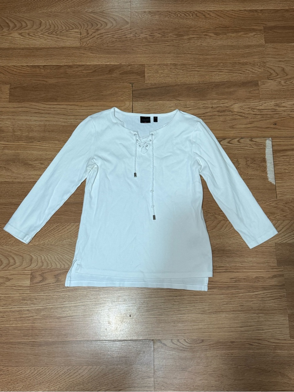 Rafaella White Lace-Up 3/4 Sleeve Knit Top